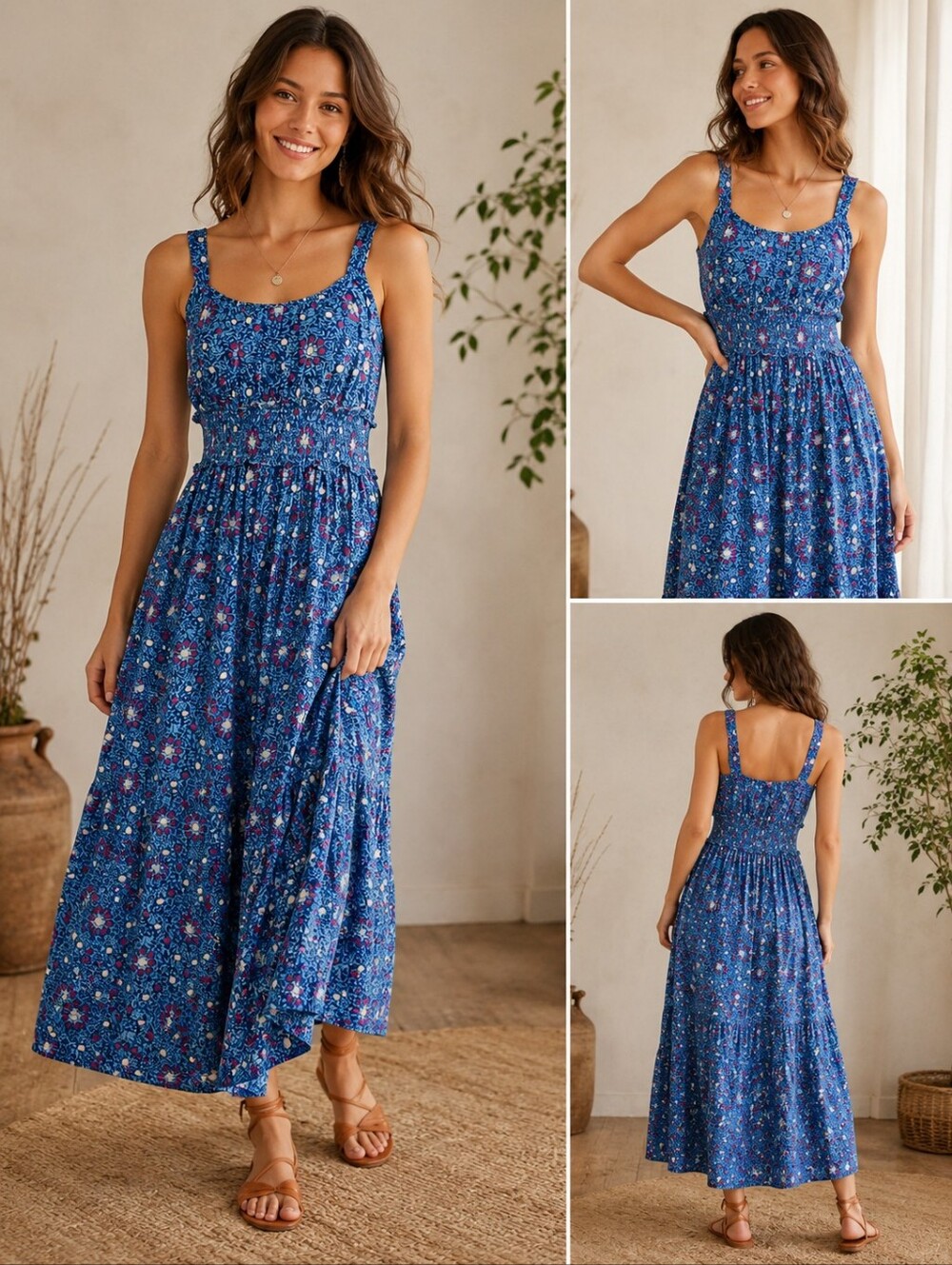 Sundance Maxi Floral Smocked Dress Sz M 100% Cotton